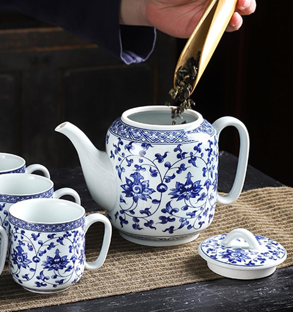 Blue and White Ceramic Teapot 28 oz Tea Coffee Pot with Lid