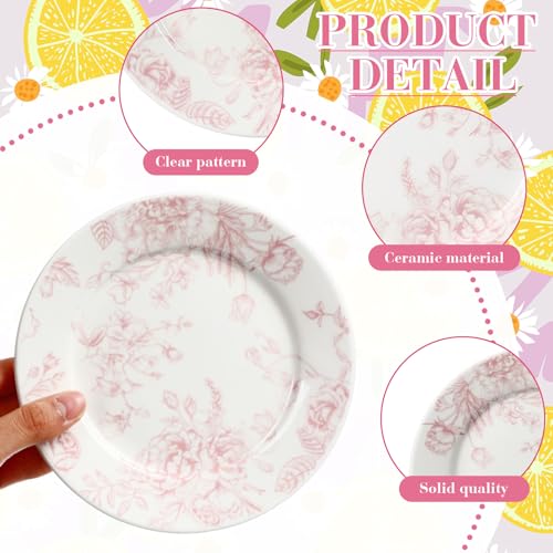 Ceramic Floral Plates Set of 6 6 Inch Pink and White Salad Dessert Plates