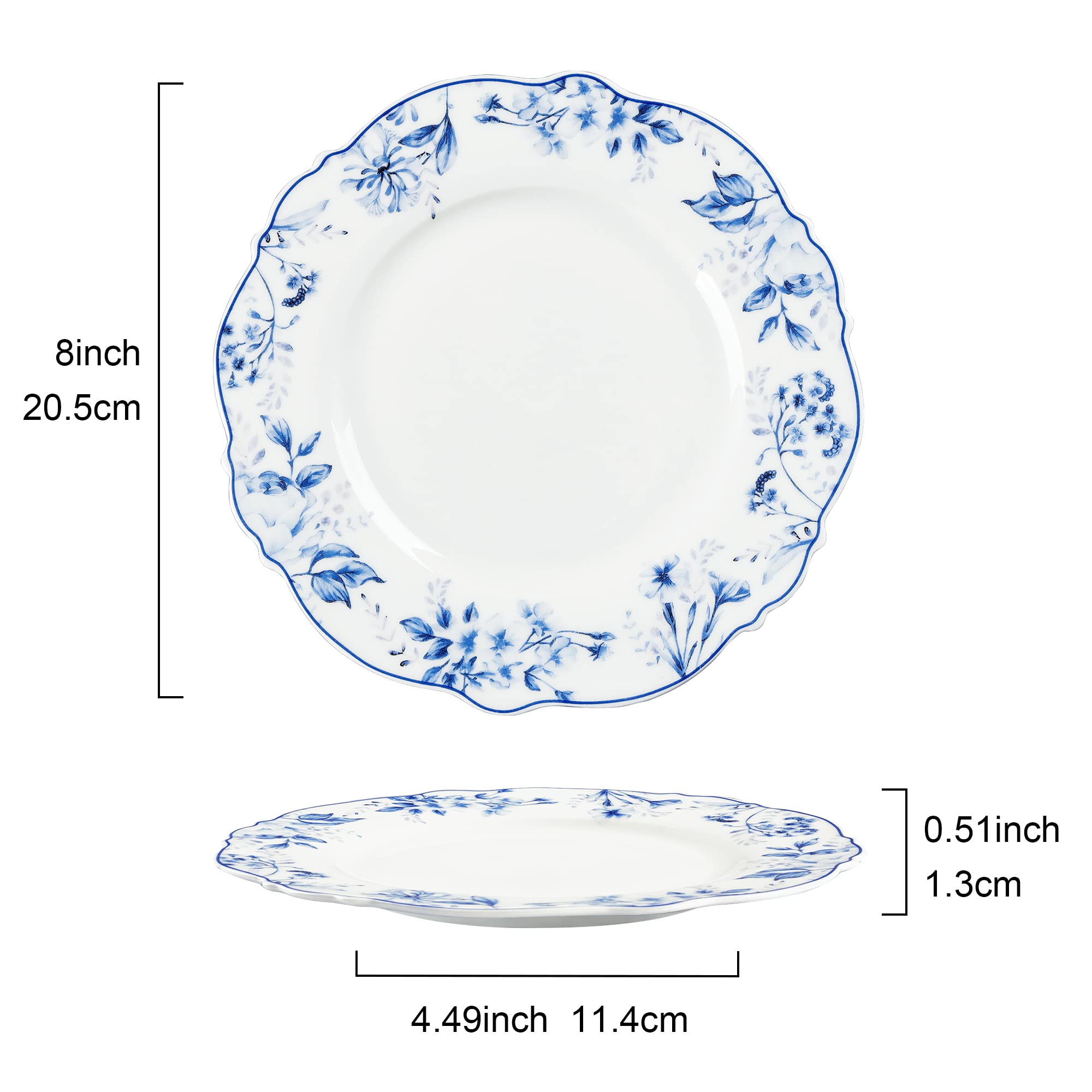 Floral Porcelain Dessert Plates Set of 4 20.5 cm Light Blue Plates
