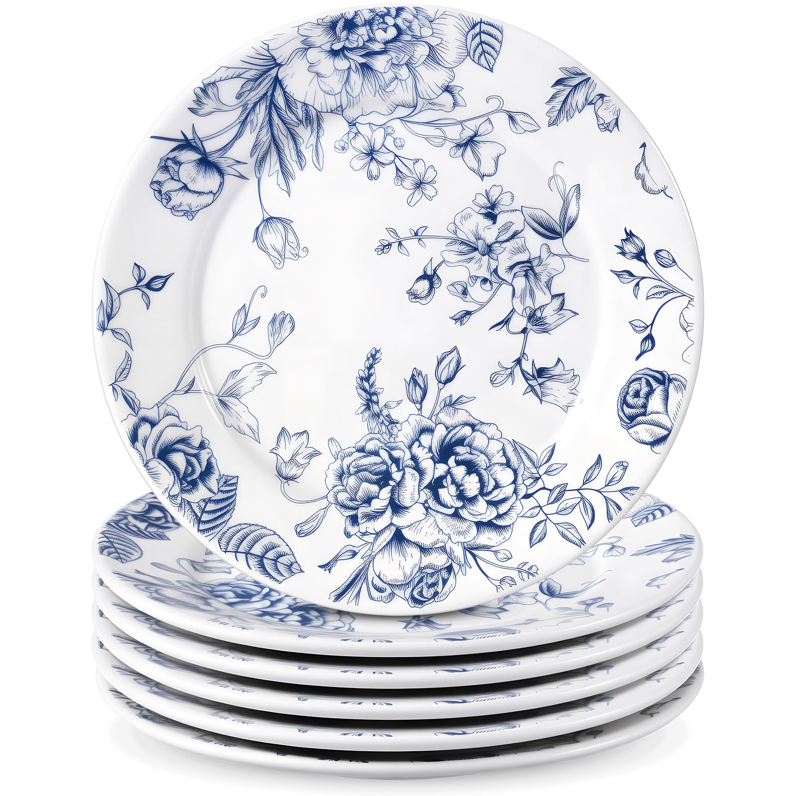 Ceramic Floral Plates Set of 6 6 Inch Blue and White Salad Dessert Plates