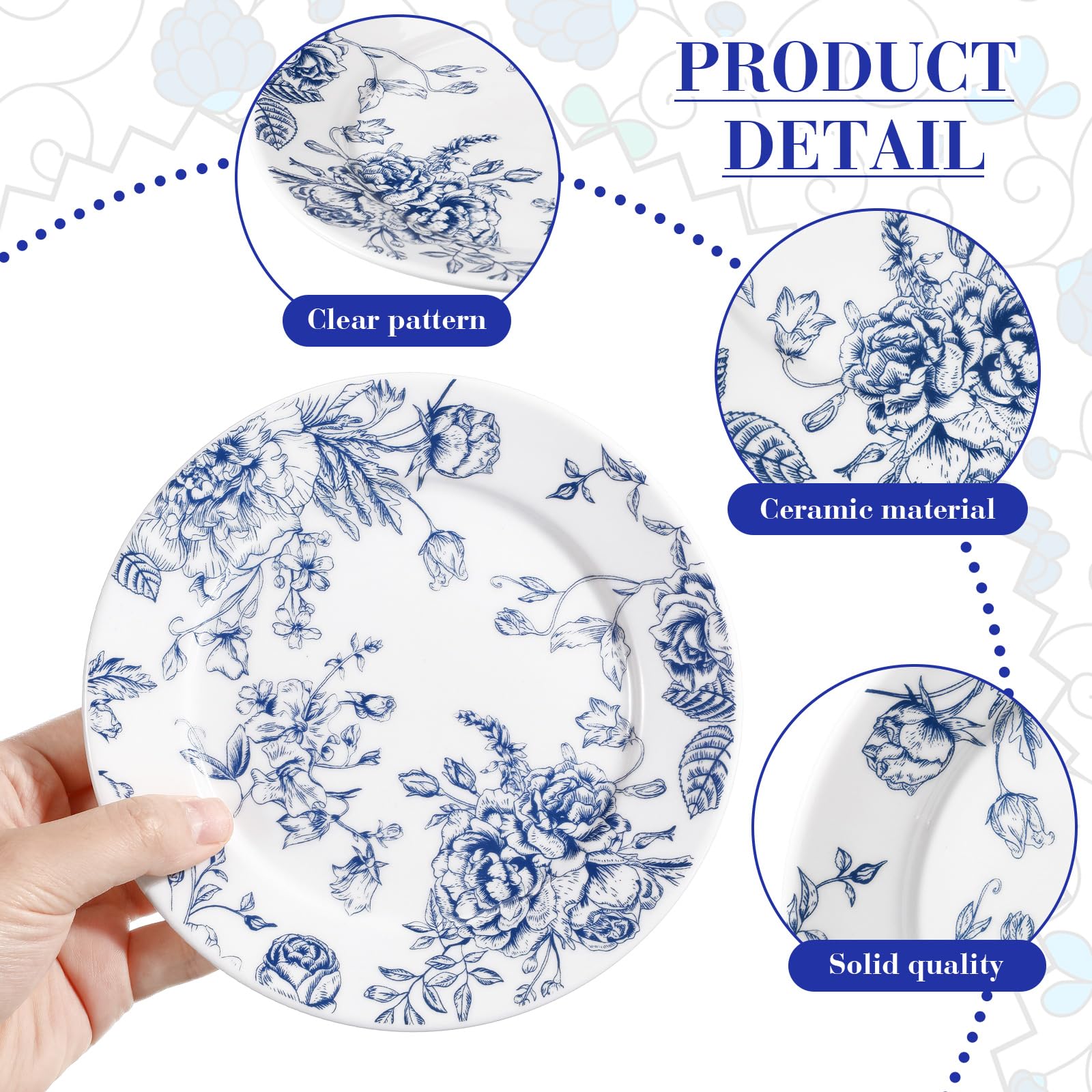 Ceramic Floral Plates Set of 6 6 Inch Blue and White Salad Dessert Plates